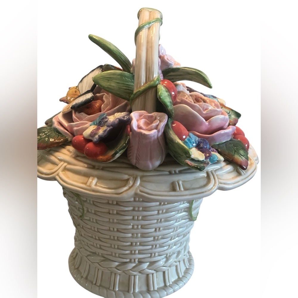 Fitz & Floyd Old World Rabbits Flower Basket Butterfly Cookie Jar.